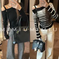 【mimius】肉肉 韩系撞色斜肩飘带设计感长袖针织上衣 WG08025