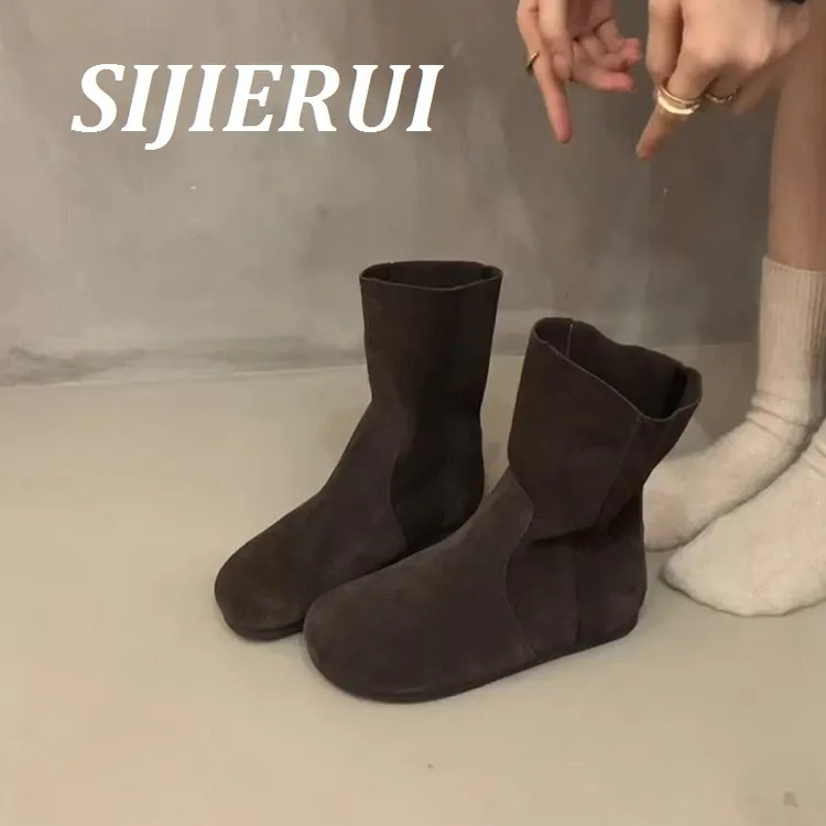 SIJIERUI真皮平底复古短靴女内增高圆头马丁靴显瘦堆堆西部牛仔靴