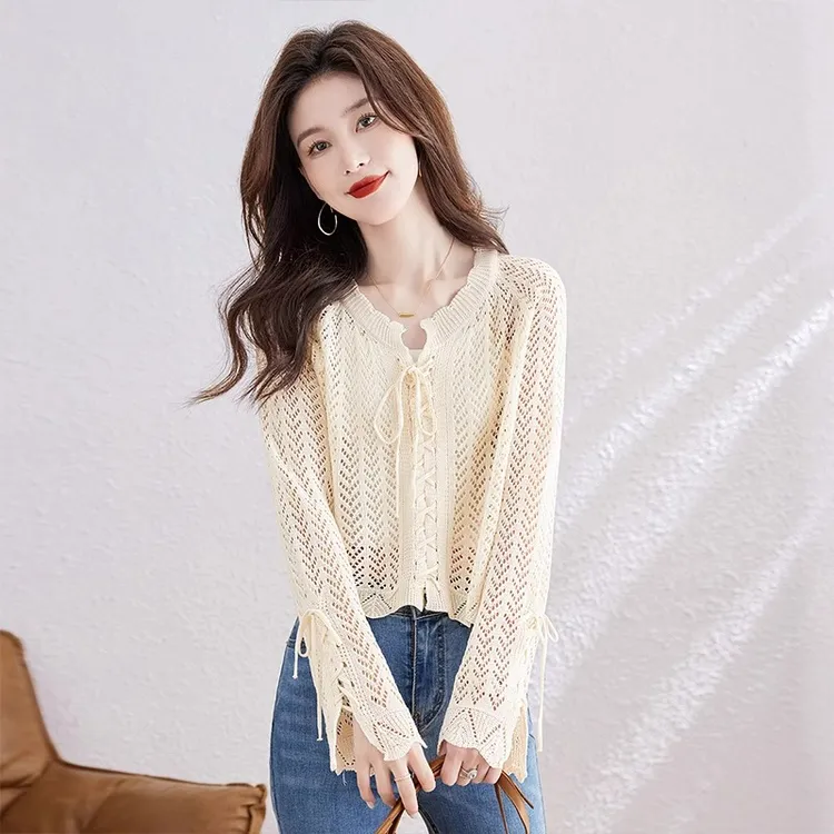 镂空系带短款长袖防晒针织开衫女夏季薄款V领别致披肩罩衫小外搭