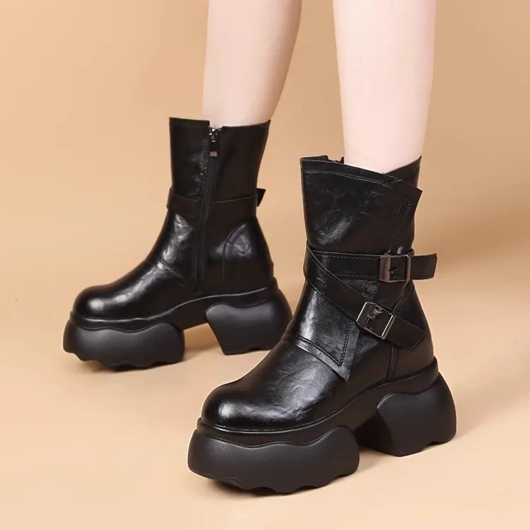 侧拉链套筒欧美风秋冬马丁靴女款保暖时尚复古英伦风厚底增高筒靴