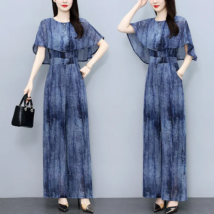 时尚修身显瘦拼接阔腿连体裤套装女夏2025新款水墨晕染连身连衣裤