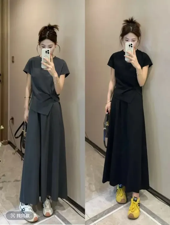Y5119欧洲站高端气质休闲套装女士2025夏季新款短袖半身裙两件套