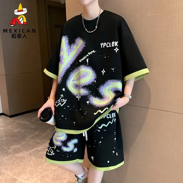 稻草人夏季新款酷帅穿搭套装初高中学生休闲运动简约舒适轻奢男装