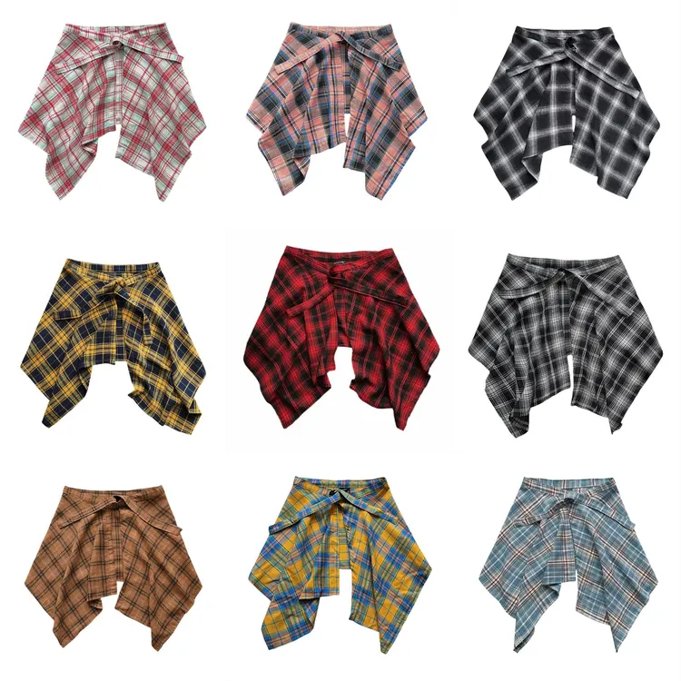 一片式系带藏肉神器卫衣t恤叠穿神器格子屁帘男半身裙女下摆春夏