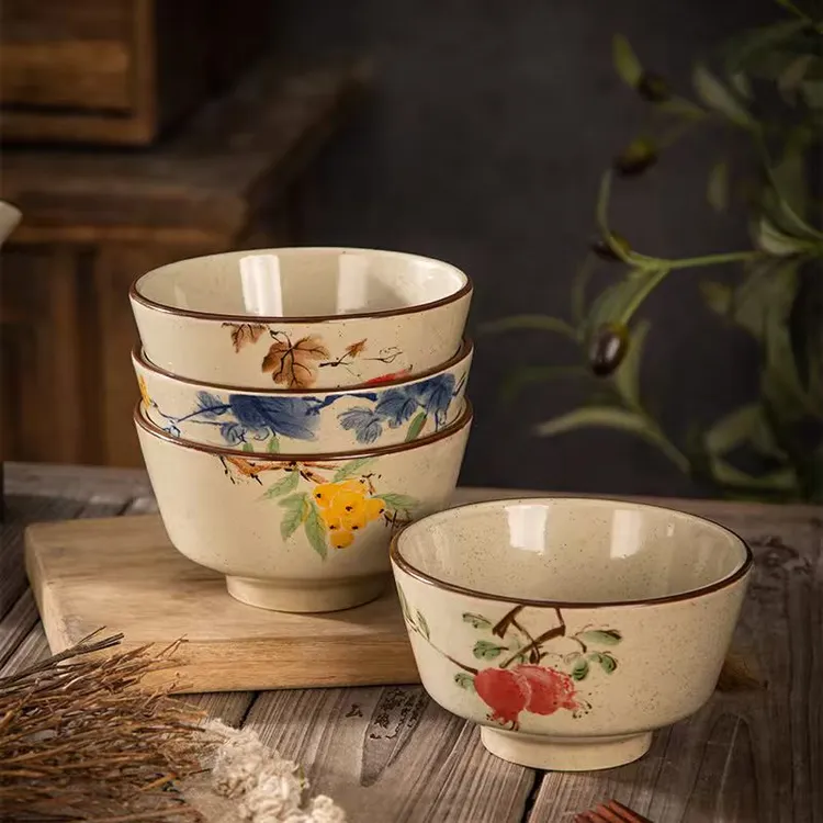 【古朴韵味】4个装5英寸复古釉下彩高脚米饭碗瓜果丰收国风经典重工