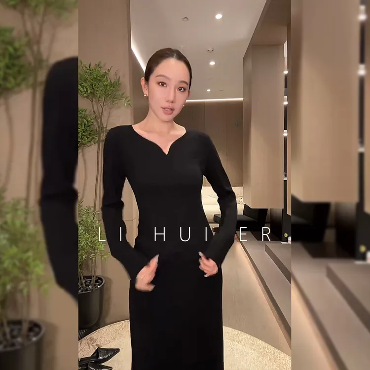 LiHuiEr李慧儿【降色】秋季轻奢百搭暗黑色针织连衣裙LL025695