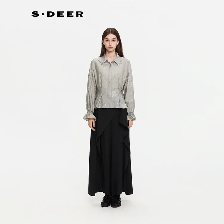 S·DEER圣迪奥女装复古衬衣灰色长袖衬衫宽松显瘦上衣S253Z0526
