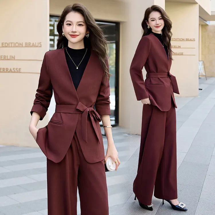 韩系气质系带西装套装女2025春秋新款高级感洋气时髦阔腿裤两件套