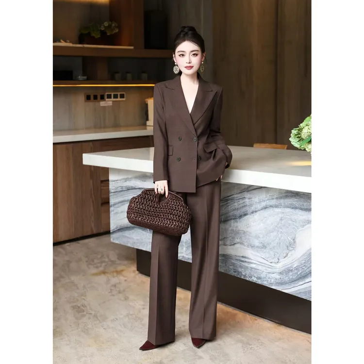 高端休闲职业商务套装女秋冬精纺羊毛双排扣格纹西装阔腿裤两件套