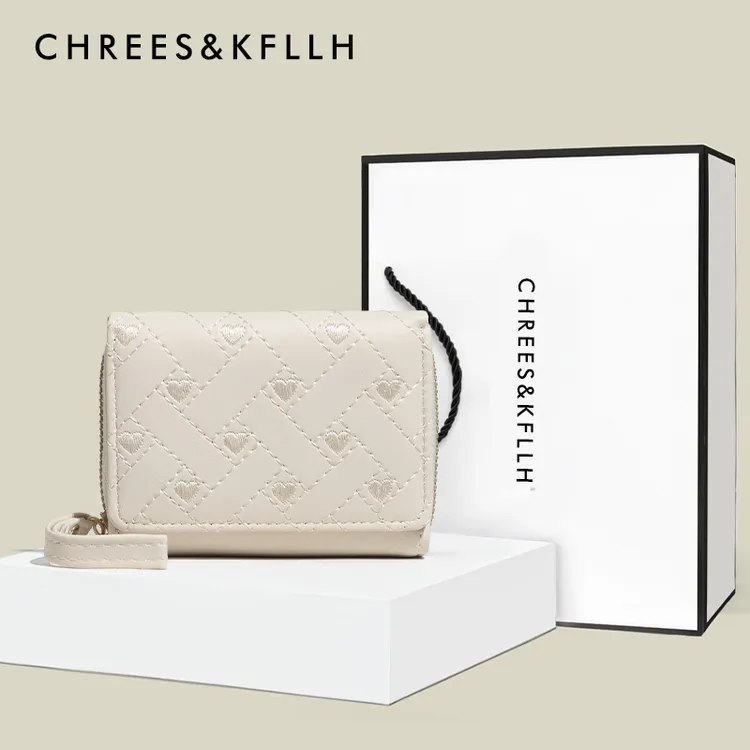 CHREES&KFLLH爱心刺绣零钱包2025新款女士三折卡包多卡位短款钱包