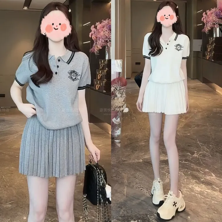 2025夏季新款时尚休闲polo领针织衫百褶半身裙时尚套装气质减龄女