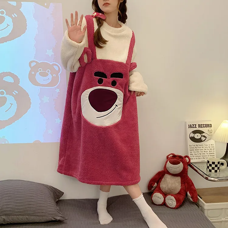 卡通睡裙女秋冬款珊瑚绒加厚加绒中长款甜美可爱女生睡衣冬天保暖