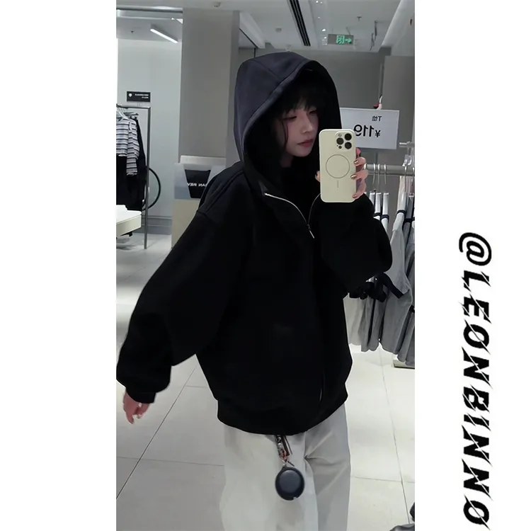 美式双拉链连帽卫衣外套男女秋季新款潮流百搭设计感拼接剪裁夹克