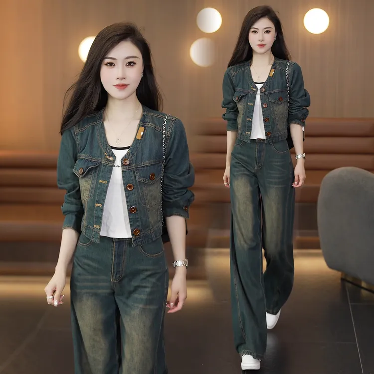时尚牛仔套装女2025秋季新款洋气复古短款外套阔腿裤休闲两件套潮