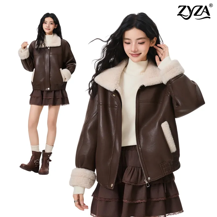 ZYZA咖啡色羊羔毛拼接皮外套女冬季新款时尚保暖复古机车服皮夹克