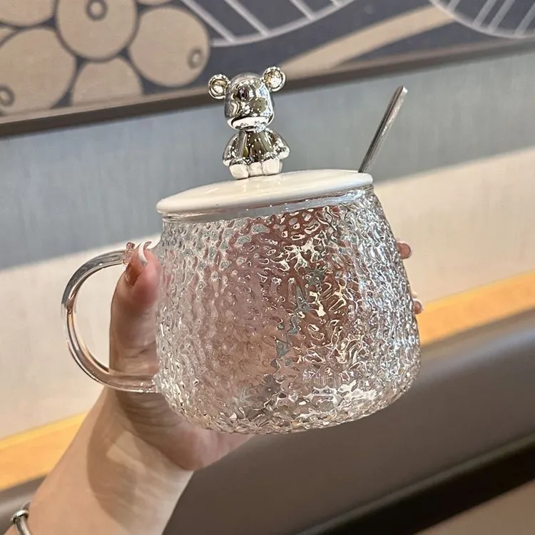 新款高颜值小熊水杯带盖勺耐热玻璃杯女生办公室咖啡杯子