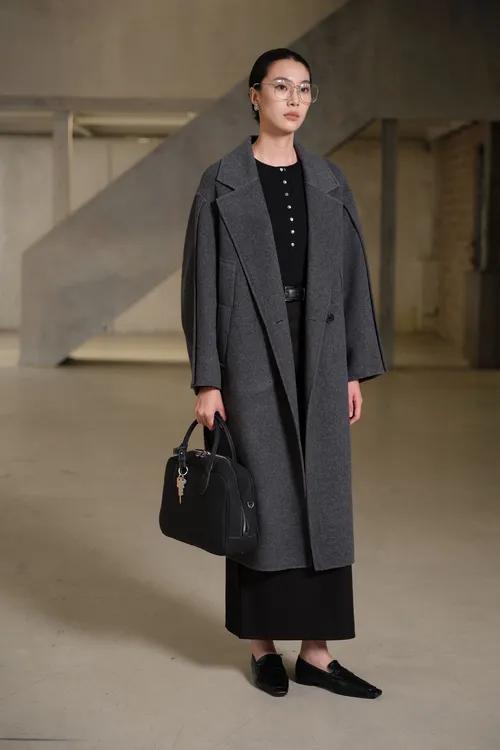 茉玉兰灰色100%羊毛双面呢大衣秋冬长款宽松外套