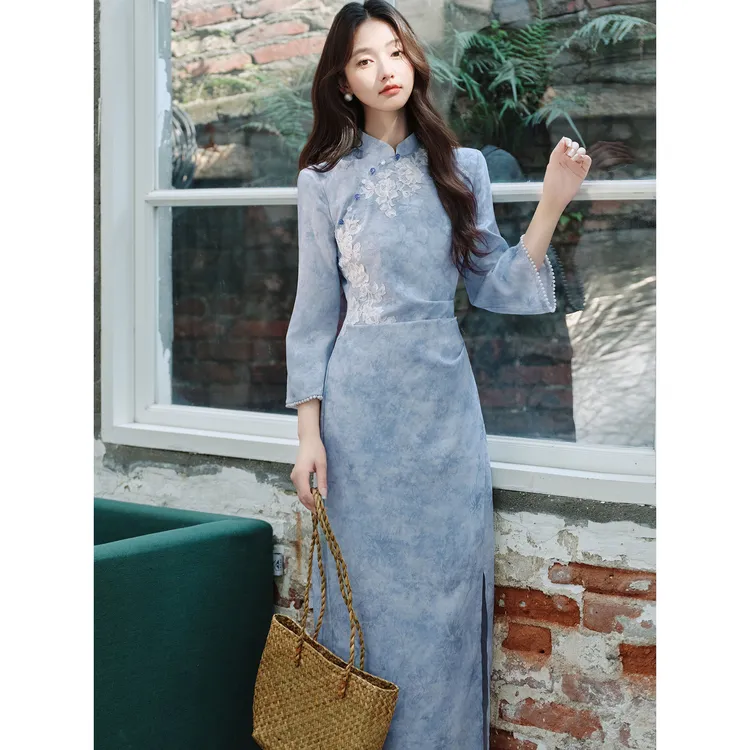 新中式改良复古旗袍长袖文艺国风连衣裙日常中国风蓝色长裙6085