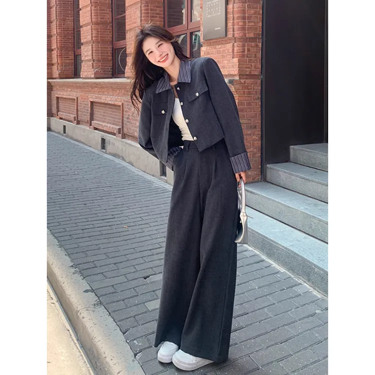 简约通勤风韩系套装女春秋季高级感ootd穿搭长袖阔腿裤休闲两件套