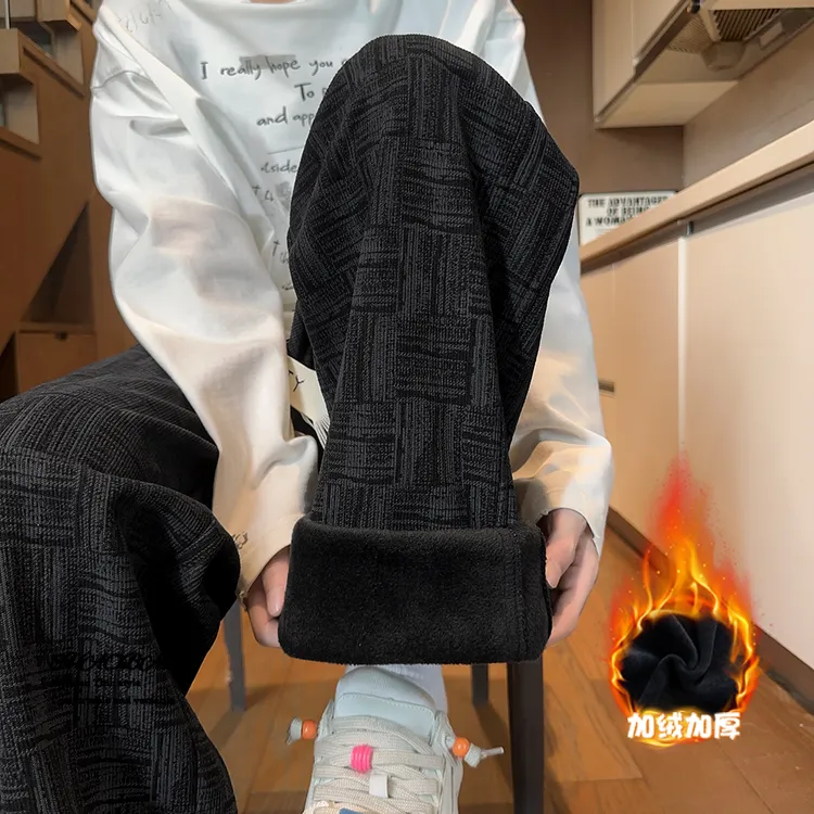 慵懒风休闲裤男冬季加绒加厚设计感格纹裤子美式潮牌宽松直筒长裤