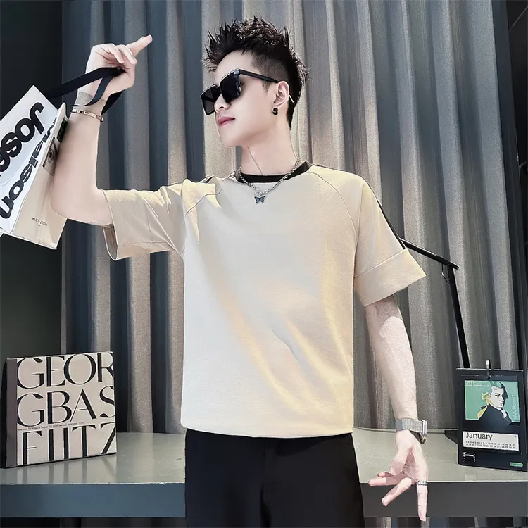 拼色条纹t恤男夏季潮牌ins潮流痞帅男装半袖上衣2025新款圆领短袖