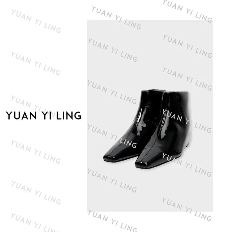 袁艺灵【ins经典】小众设计漆皮方头老钱高奢短靴1085