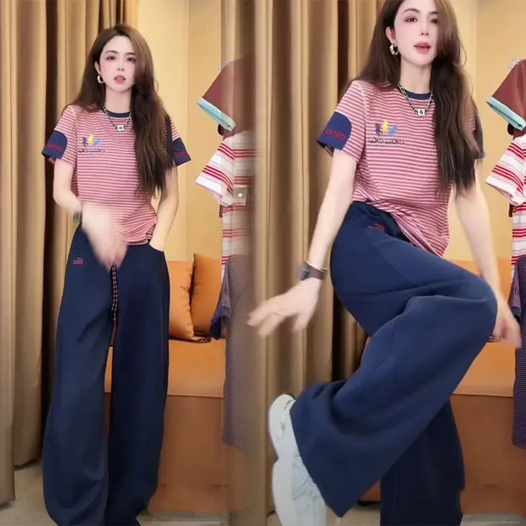 欧货休闲运动套装女夏季宽松休闲百搭短袖T恤高腰直筒裤两件套潮