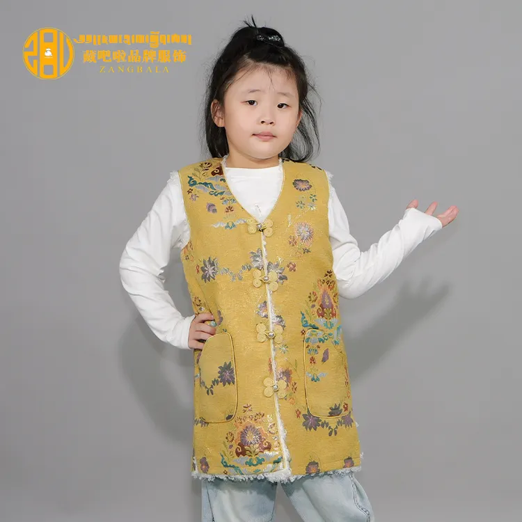 藏吧啦童装小孩高档色织宝利花长款棉马甲儿童民族服饰马甲
