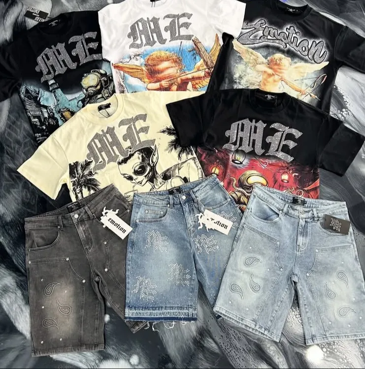 【新款】MIXED EMOTION 复古烫钻印花l美潮流行夏季圆领男女短袖T恤