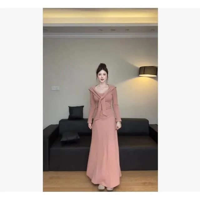 绝命气质显瘦高腰收腰海军领假两件针织秋季设计感法式粉色长裙女