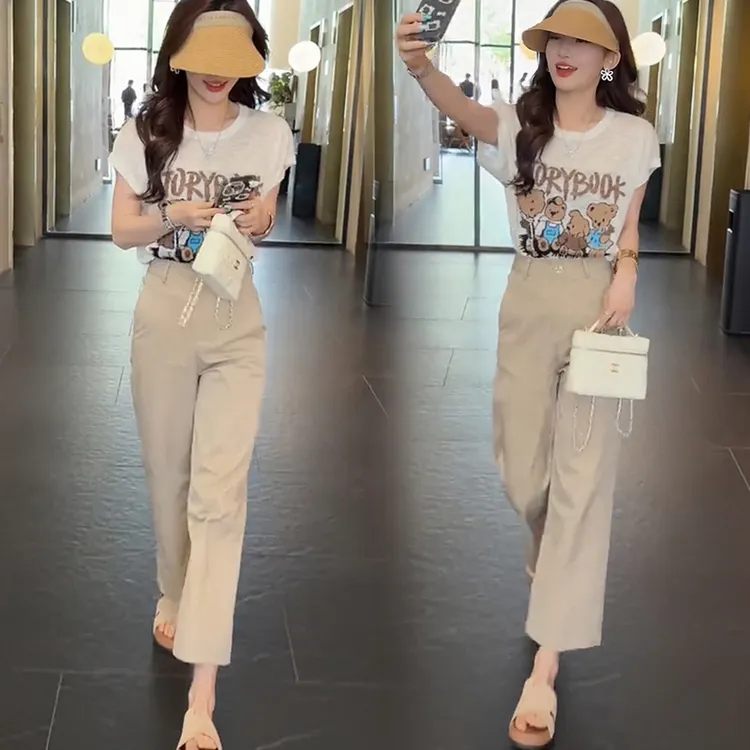 时尚套装女宽松夏季新款短袖T恤上衣小个子休闲九分阔腿裤两件套