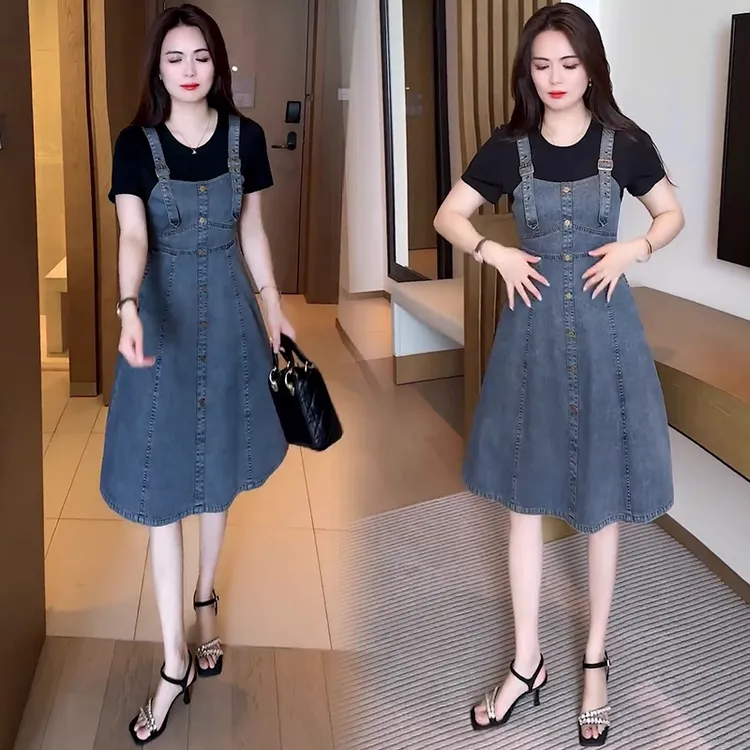 拉夏贝尔时尚复古牛仔背带裙套装女2025夏季新款洋气质休闲两件套