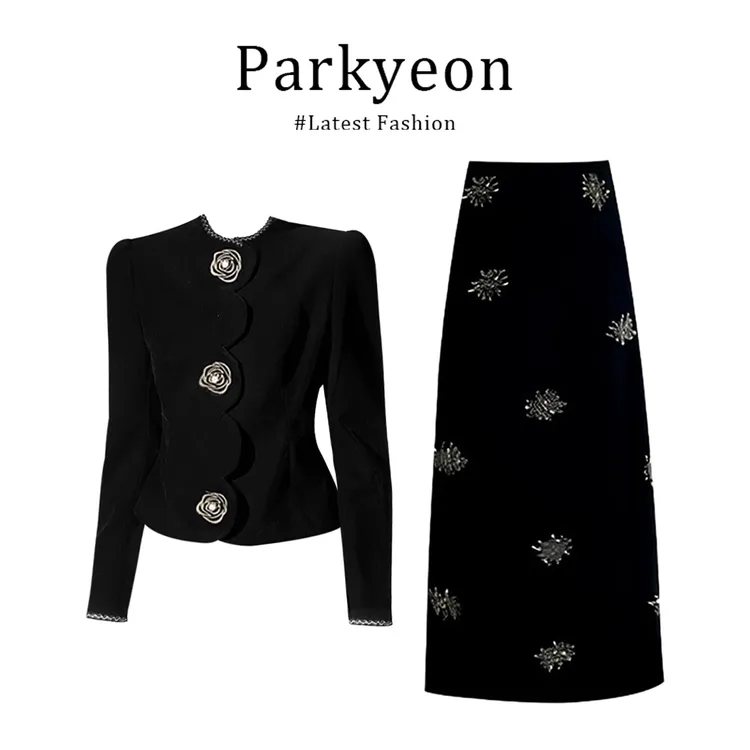 秋季时尚小香风轻奢黑色丝绒外套气质蓬蓬半身裙两件套女