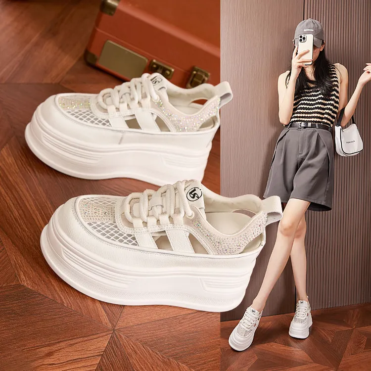 镂空罗马凉鞋女2025夏季新款内增高松糕真皮猪笼鞋厚底编织包头鞋