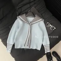 【现货】阿卷秋装儿童韩版学院风海军领披肩针织开衫毛衣HCXZ4015