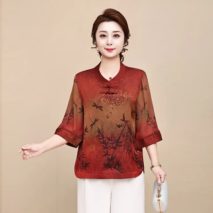 2025夏季新款桑蚕丝T恤女宽松中老年妈妈装中袖国风盘扣洋气小衫