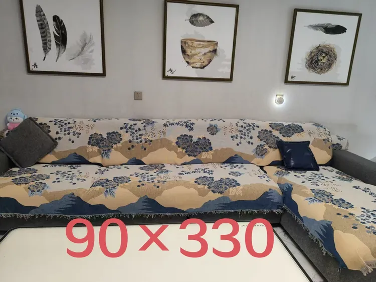 【四-五人座】山水牡丹90*330±5cm加流苏沙发巾沙发垫防滑四季款