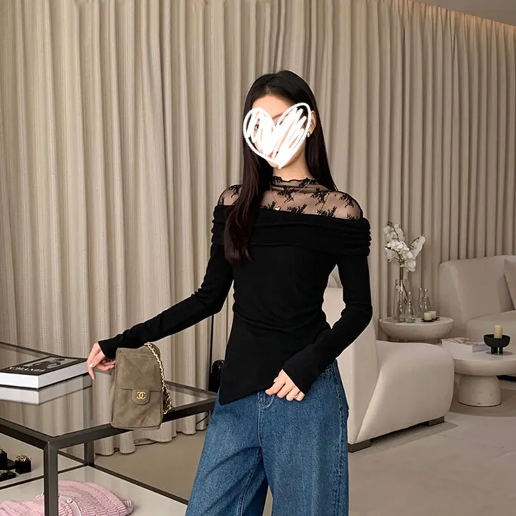 2025年秋冬新款加绒高级氛围感蕾丝拼接长袖打底衫女内搭显瘦上衣