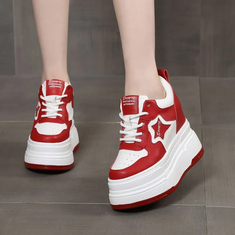 皮面14公分松糕厚底小白鞋女拼色10cm小个子增高12厘米加绒休闲鞋