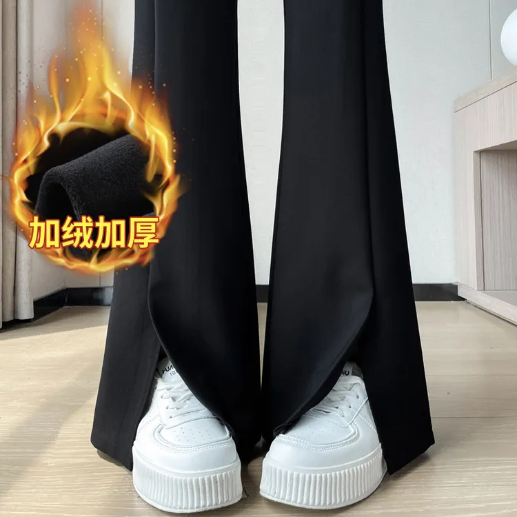 黑色加绒开叉西装裤子女秋冬高腰休闲直筒裤2025新款小个子微喇裤