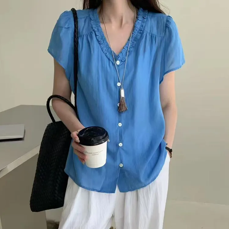 sommy正品0169飞飞袖小衫女2025夏季轻薄显瘦花边V领衬衫韩系上衣