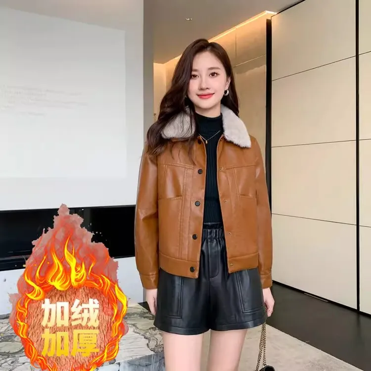 【黄小西】6006-1女士皮衣外套加绒加厚保暖防寒可拆卸大毛领皮夹克