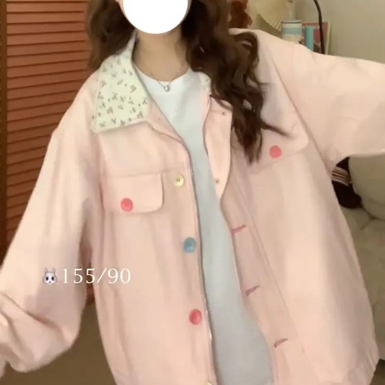 粉色碎花撞色翻领外套女春秋2025新款宽松甜美可爱设计感小众夹克