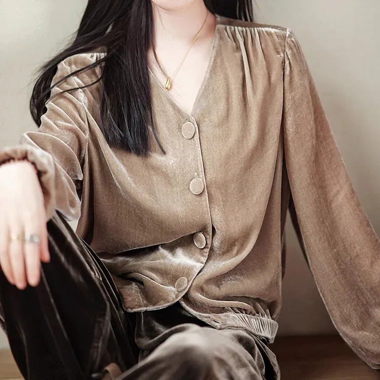 茶话会真丝丝绒小衫 100真丝衬衫 2025秋季女装灯笼长袖上衣开衫