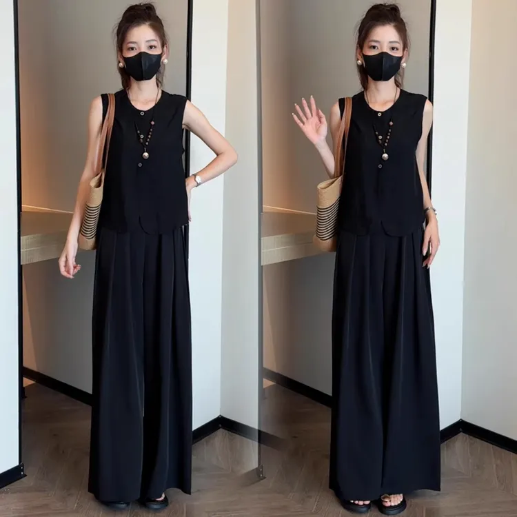 时尚套装女2025夏季新款洋气显瘦无袖上衣阔腿裤休闲减龄两件套潮