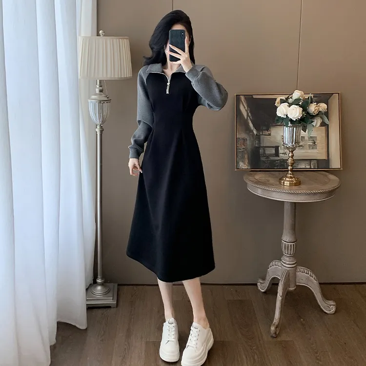 韩版设计感连衣裙女秋时尚气质高级感收腰显瘦撞色拼接长款卫衣裙