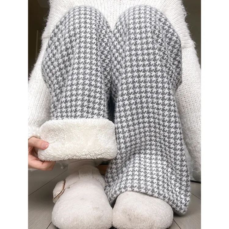 黑色加绒加厚高腰羊羔绒千鸟格阔腿裤女秋冬2025款修身显瘦休闲裤