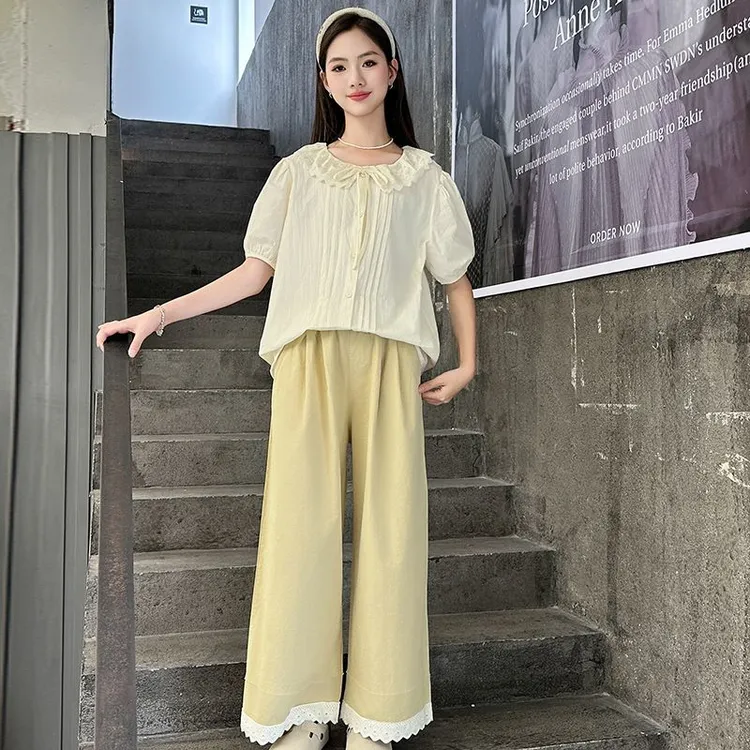 女童夏装套装2025洋气时髦大童夏季短袖阔腿裤两件套纯棉初中学生