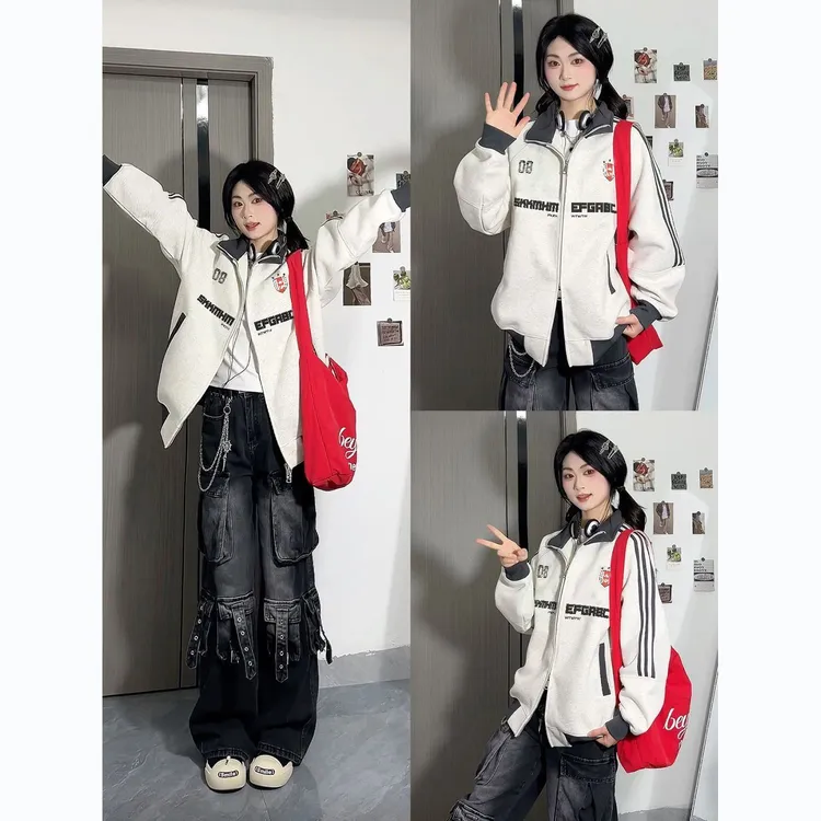 小众潮流2025爆款立领卫衣女秋冬宽松加绒加厚个上衣开衫拼接外套