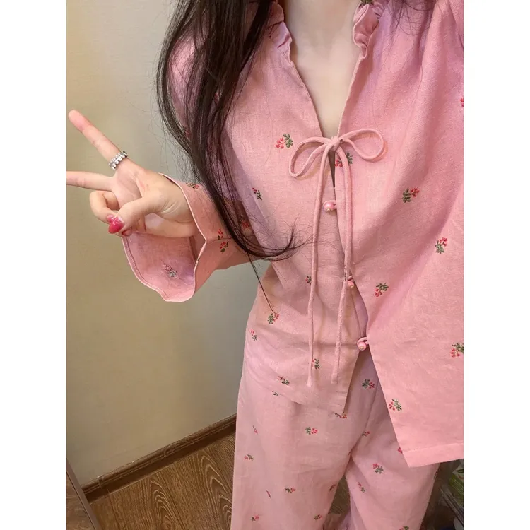 GIOIO日系少女甜美蝴蝶结碎花睡衣女春秋新款ins纯欲风家居